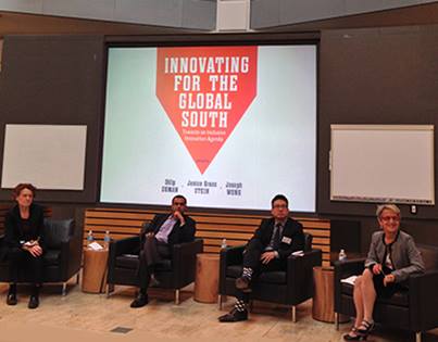 Image of book launch for Innovating for the Global South featuring the three editors
