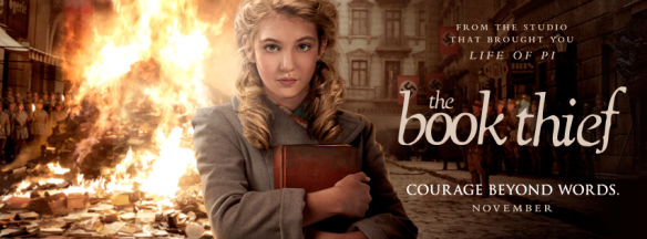 The Book Thief, the movie, image of Liesel holding a book 